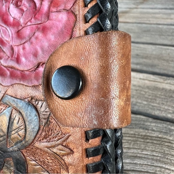 VTG Tooled Leather Boho Wallet Monogram R Whipstitch Trim Multi-Compartmental - Picture 12 of 15
